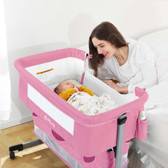 Ihoming baby bassinet bedside sleeper Pure Pink front view for easy on-bed positioning