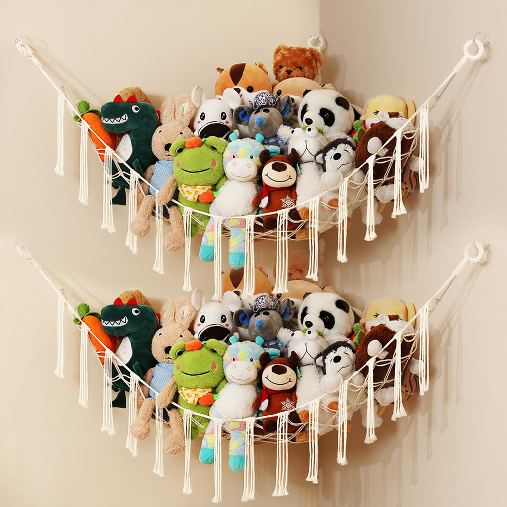 iKeelo stuffed-animal-hammock-two-pack-setup keeps plush toys organized in a corner