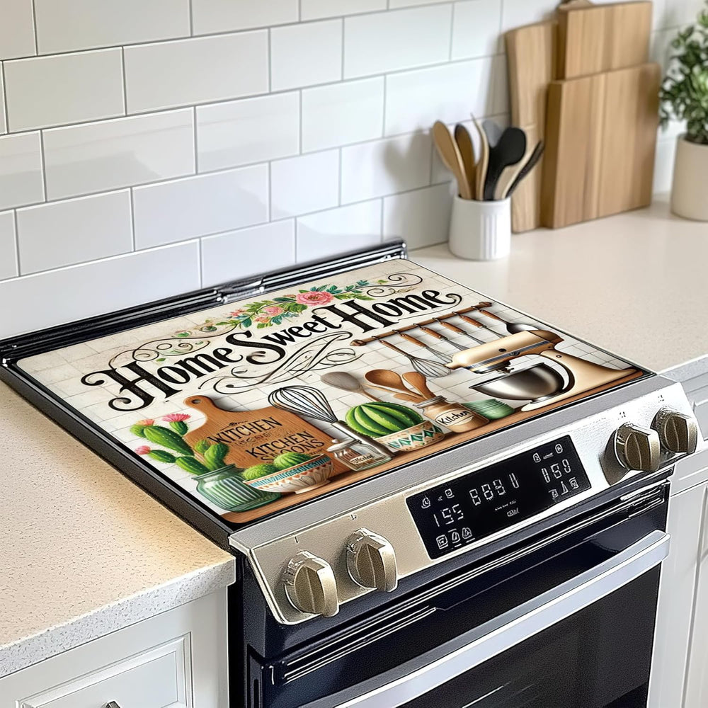 ILIEMOC Home Sweet Home stovetop cover assembled on an electric stove adds extra counter space.