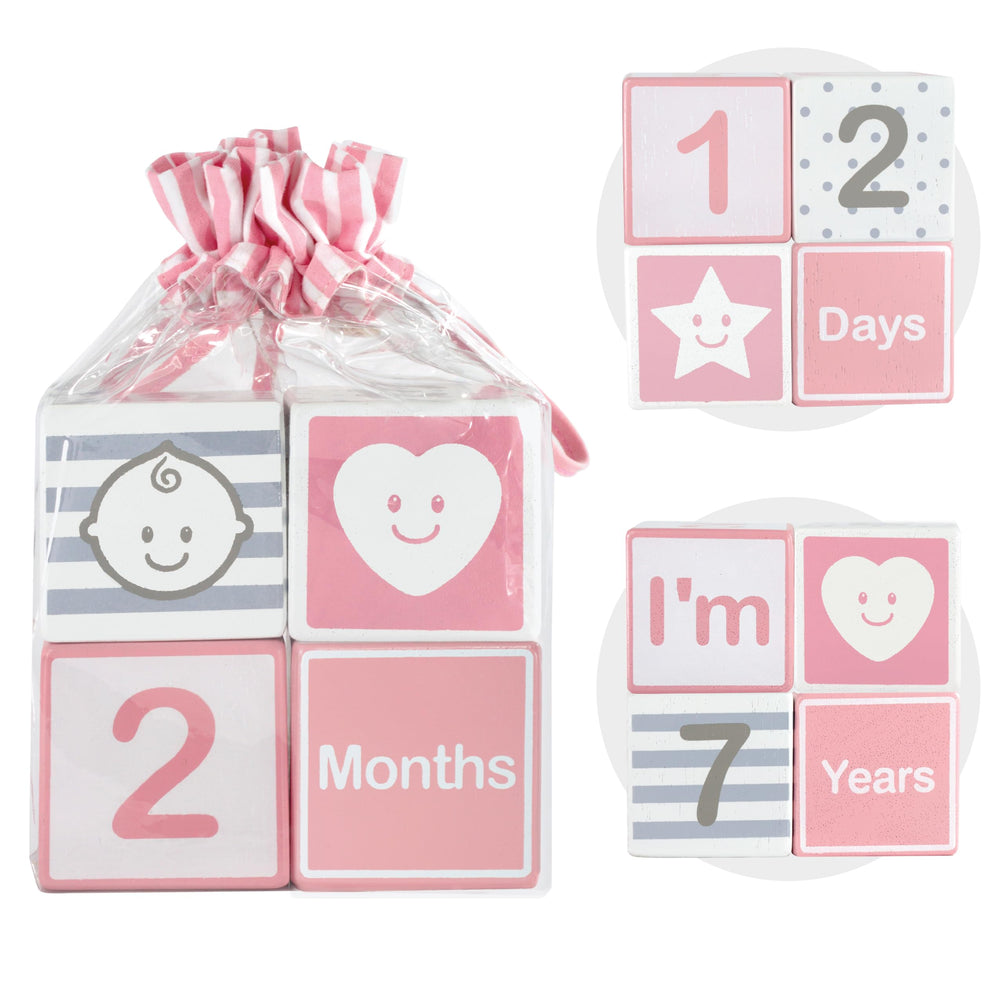 I'm solid wood milestone blocks pink front view ideal as a photo prop.