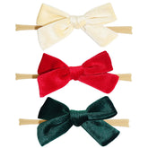 Jeffan 3Pcs 3.75" Velvet Baby Bows Headbands, Nylon Hairbands Elastic Hair Accessories for Newborn Infant Toddlers(Red, Beige, Dark Green)