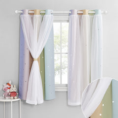 NICETOWN Star Curtains for Kids Room Girls Bedroom Decor, Light Blocking Voile Overlay Princess Star Hollowed Curtain for Nursery/Thanksgiving, 2 Panels (W42 x L63, Rainbow)
