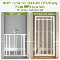 WIDERSAFER 78.8" Extra Tall Cat Gate, 28.3-33" Wide Safety Metal Cat Door, Pressure Mounted Easy Walk Through Pet Gate with Door for Stairs, Doorways, White