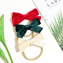 Jeffan 3Pcs 3.75" Velvet Baby Bows Headbands, Nylon Hairbands Elastic Hair Accessories for Newborn Infant Toddlers(Red, Beige, Dark Green)