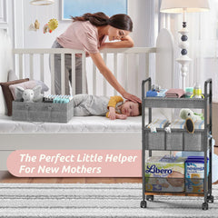LIDTOP 2In1 Baby Diaper Caddy & 3-Tier Rolling Diaper Cart, Diaper Caddy Organizer Cart with Dividers, Mobile Metal Utility Cart for Nursery Essentials, Detachable Bedside Cart, Large Capacity