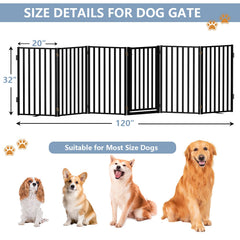 Lezbanz Full Metal Freestanding Dog Gates with Door, 32" Height Dog Fences for Indoor & Outdoor, Extra Wide Foldable Pet Gates for Stairs, Hallways, Doorways, Yard (6 Panels, 120" W × 32" H)