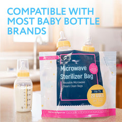 IMPRESA travel-friendly steam bags fit in a diaper bag for quick bottle prep