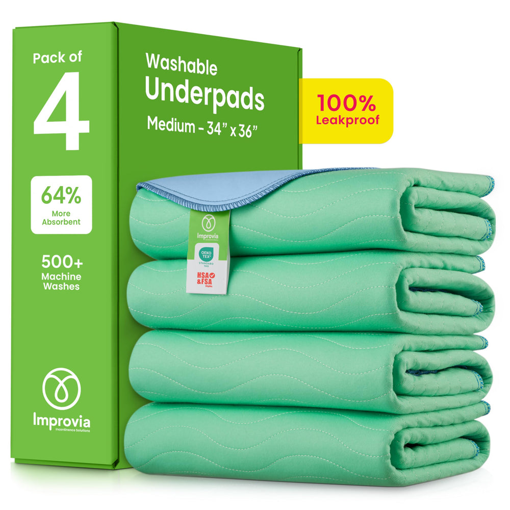 IMPROVIA washable underpads flatlay showing heavy absorbency and edge-wick protection