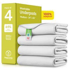 IMPROVIA Washable Underpads pack shot highlighting four 34x36 pads for reusable spill protection