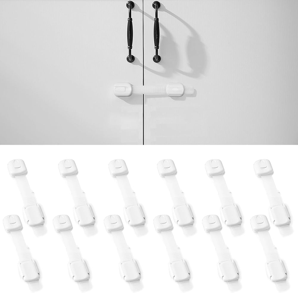 Inaya 12-pack child proof locks mounted on cabinet doors for safer storage.