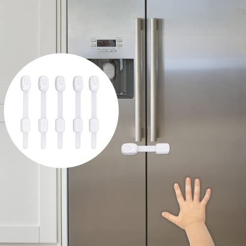 Inaya five-pack white cabinet latches close-up shows ready-to-apply adhesive for quick safety.