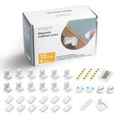 Inaya magnetic cabinet locks package showing 12 locks and 2 keys for family safety.