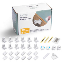 Inaya magnetic cabinet locks package showing 12 locks and 2 keys for family safety.
