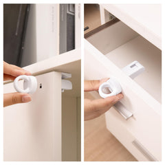 Inaya magnetic drawer lock closeup shows easy, smooth release for adults.