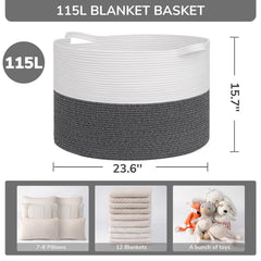 INDRESSME 115L blanket basket closeup cotton rope highlights soft, durable weave.