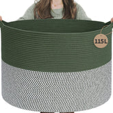 INDRESSME 115L cotton rope basket front view in green for spacious blanket storage