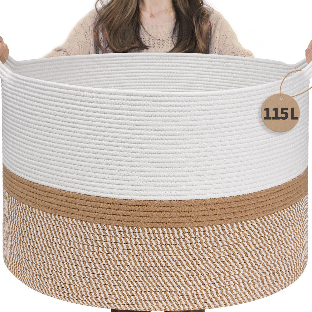 INDRESSME 115L cotton rope basket in living room boosts tidy storage with Boho style.