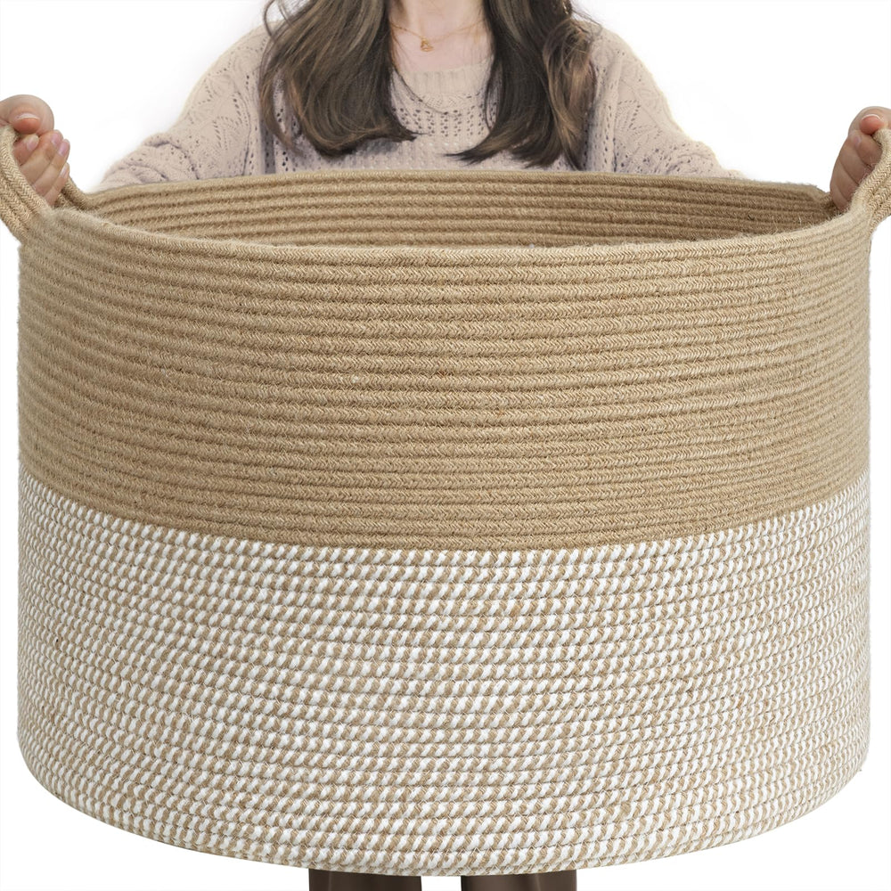 INDRESSME extra-large woven basket with blankets keeps living spaces clutter-free.