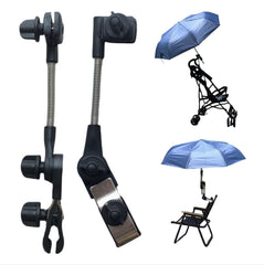 Inf-way umbrella holder on stroller with a 360° arm for versatile shade.