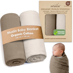 Infancie organic cotton muslin blanket Olive Ivory flatlay shows breathable swaddle warmth