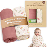 Infancie pink floral muslin blanket folded, soft texture for cozy swaddling.