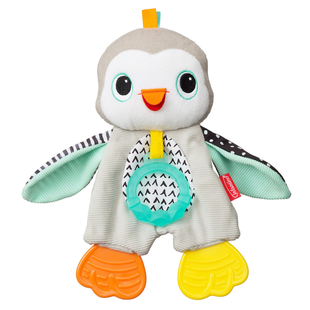 Infantino Cuddly Teether penguin pack front view with three soothing textures for gums.