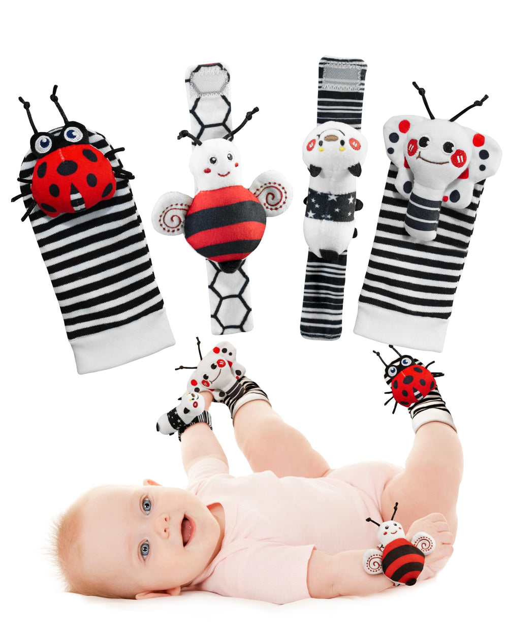 Infinno high-contrast rattle socks and wristbands in a gift box for newborns