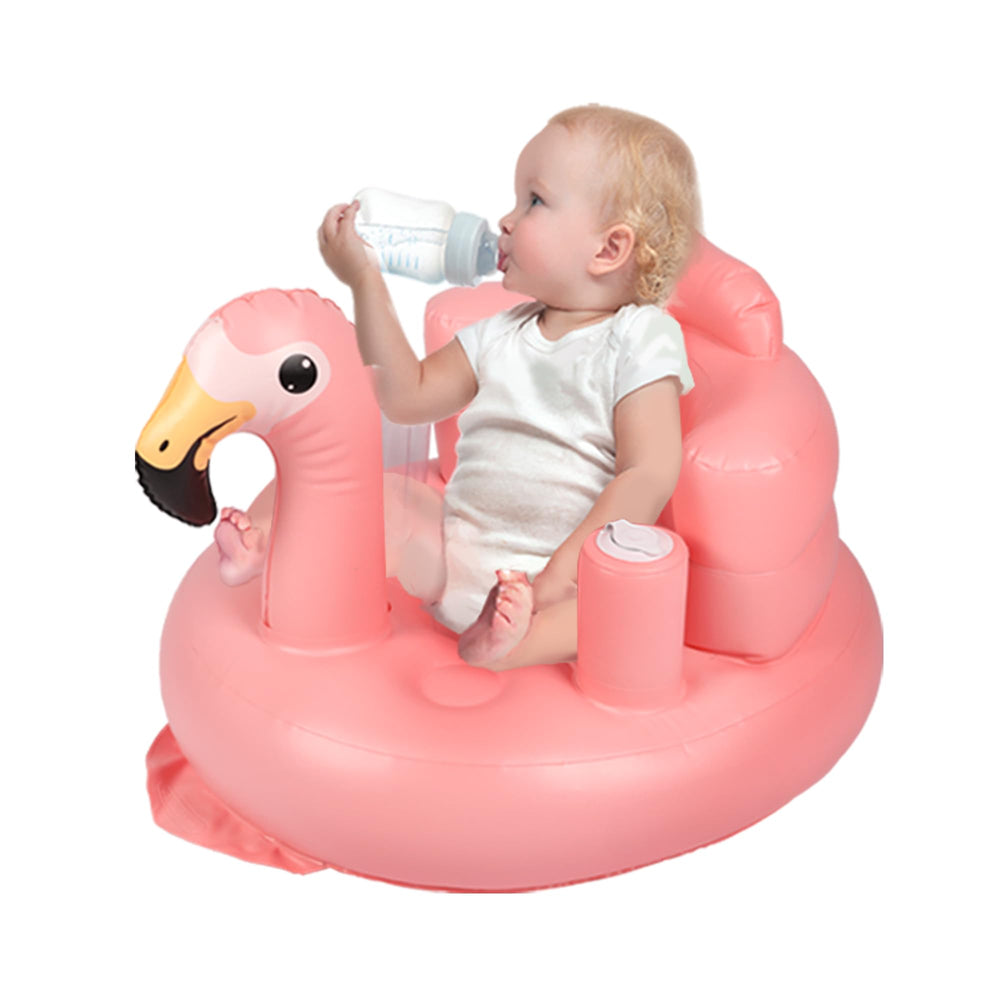INFLATEFLY baby seat pink flamingo design for engaging sensory play.