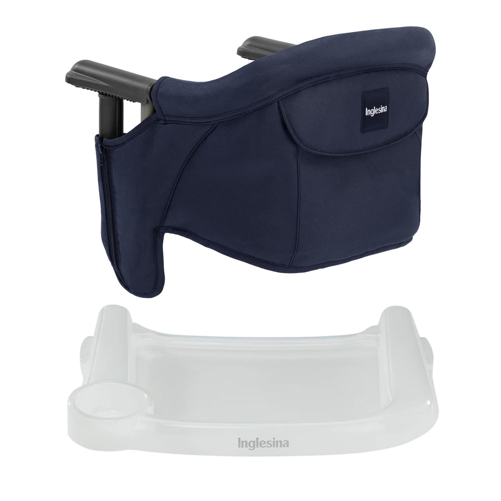 Inglesina Fast Table Chair navy with dining tray enables mess-free family meals.