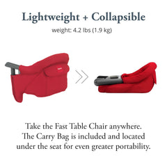 Inglesina Fast Table Chair red on-table view highlights high backrest for comfortable dining.