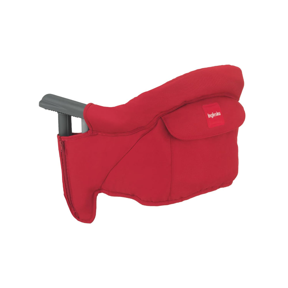 Inglesina Fast Table Chair red setup shows compact fold for travel.