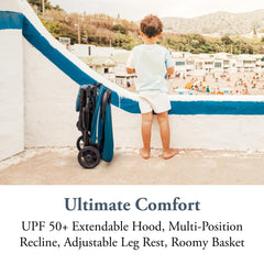 Inglesina Quid 2 Stroller Manta Blue collapsible-canopy shields sun with UPF 50+ protection.