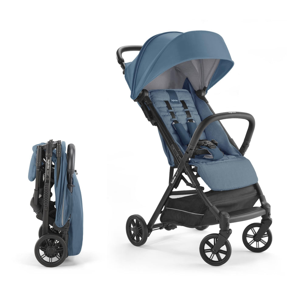 Inglesina Quid 2 Stroller Manta Blue overhead-bin view for easy airplane overhead storage.