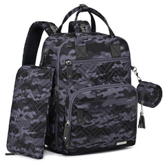 iniuniu diaper bag backpack camo front view shows stylish, travel-ready organization.
