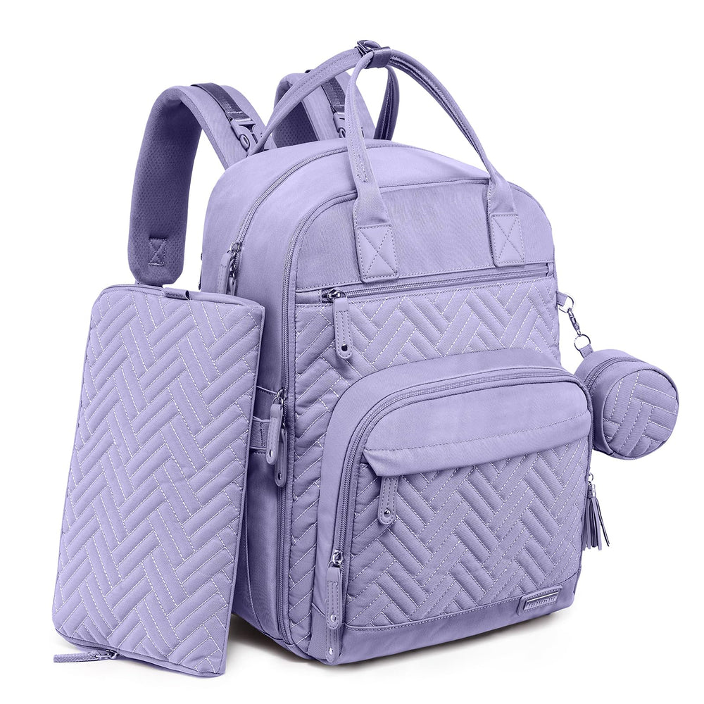 Iniuniu diaper bag backpack taro purple with wide-opening main compartment for easy packing.
