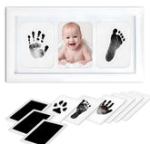 Inkless baby hand-footprint-kit frame display preserves memories in a stylish nursery.