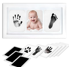 Inkless baby hand-footprint-kit frame display preserves memories in a stylish nursery.