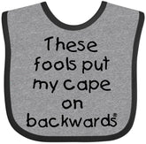 inktastic cape-on-backwards baby bib in heather and black shows durable comfort for mealtime