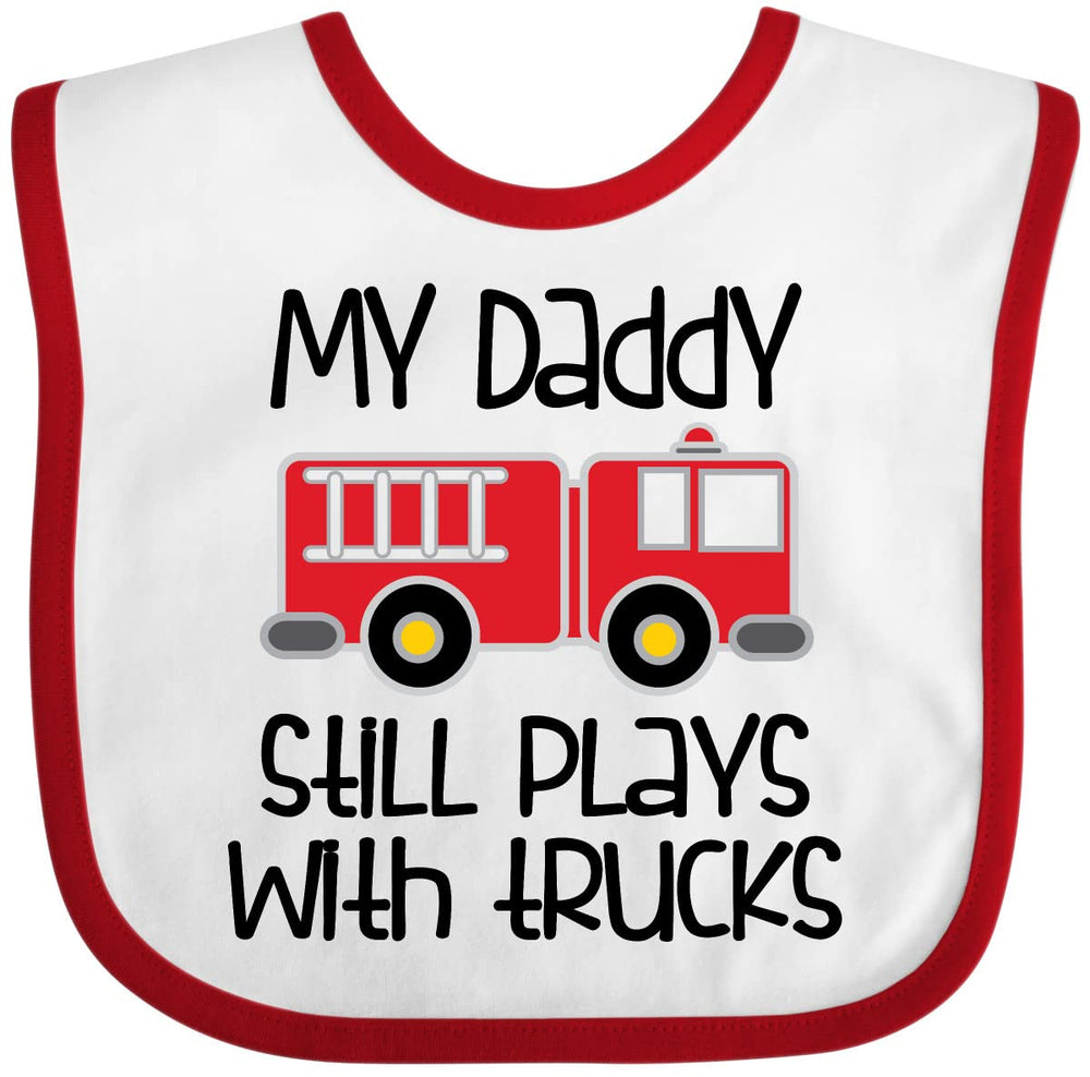 Inktastic Firefighter Daddy Bib shows white fabric with red fire truck for everyday comfort