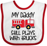 Inktastic Firefighter Daddy Bib shows white fabric with red fire truck for everyday comfort