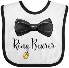 inktastic Ring Bearer bib with black bow tie on white and black fabric for wedding photos