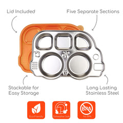 Innobaby bus platter sectional lid secures food during travel and daycare.