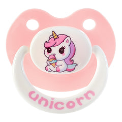 InnocenceIsle unicorn paci front view with large silicone nipple for calming comfort