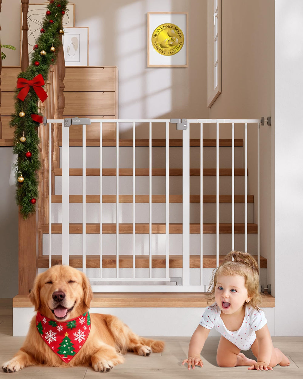 InnoTruth baby gate stair setup shows secure mounting for safe stair access.