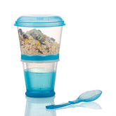 INOGIH Cereal On the Go blue cup assembly for portable breakfast on the run.
