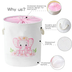 INough pink elephant basket with drawstring closure keeps items dust-free and private.