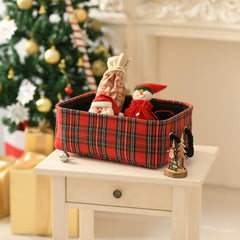 INough Christmas basket side view shows portable, foldable storage for holiday clutter.