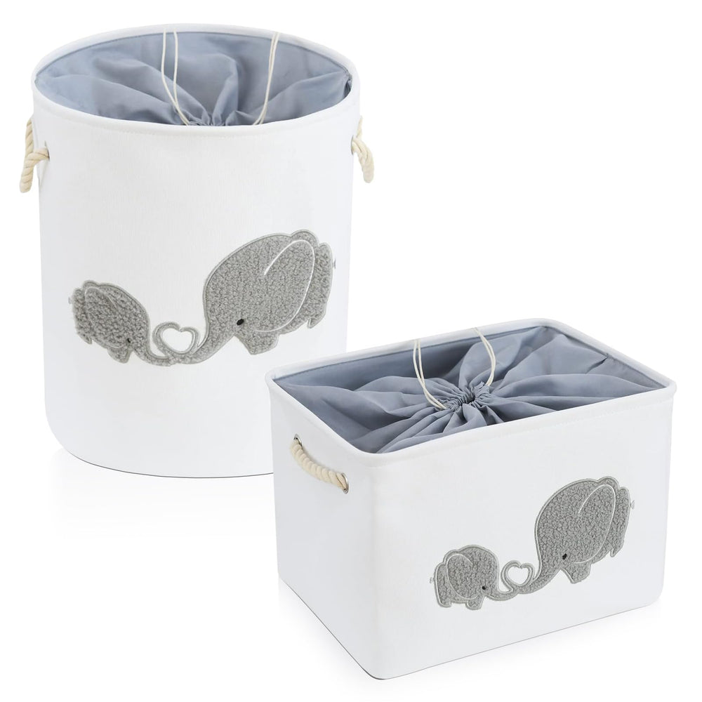 INough nylon storage baskets elephant-pattern highlight nursery organization with playful decor.