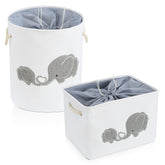 INough nylon storage baskets elephant-pattern highlight nursery organization with playful decor.