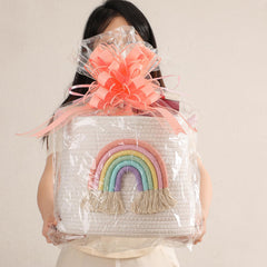 INough toy basket with reinforced handles enables easy carrying between rooms.